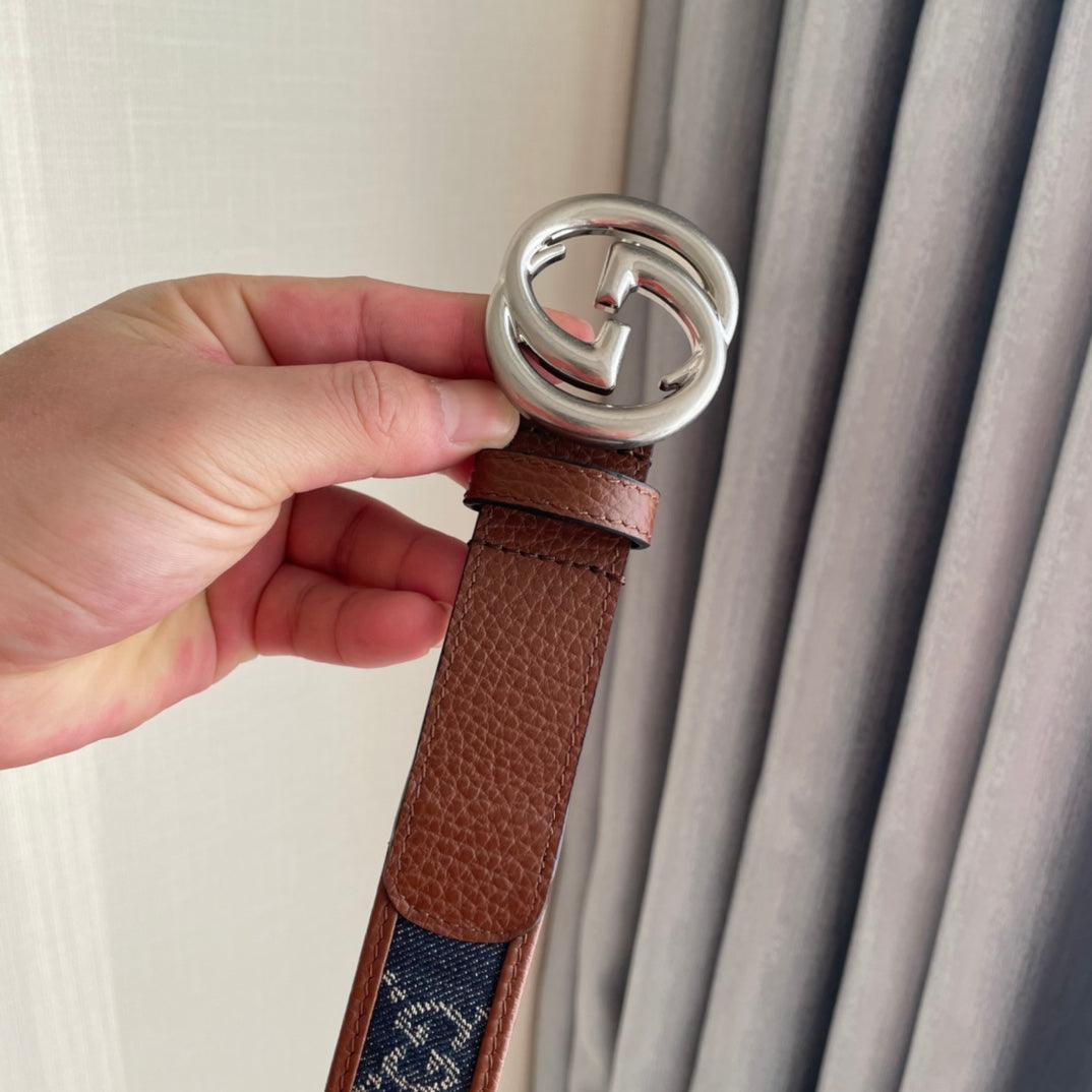 GUCCI Embellished coated-canvas and leather belt 'Brown/Blue'