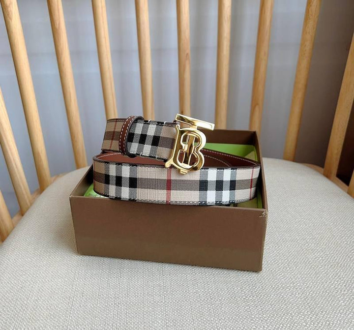 Burberry TB Belt E-Canvas & Leather Vintage Check Monogram Buckle - Timeless Luxury