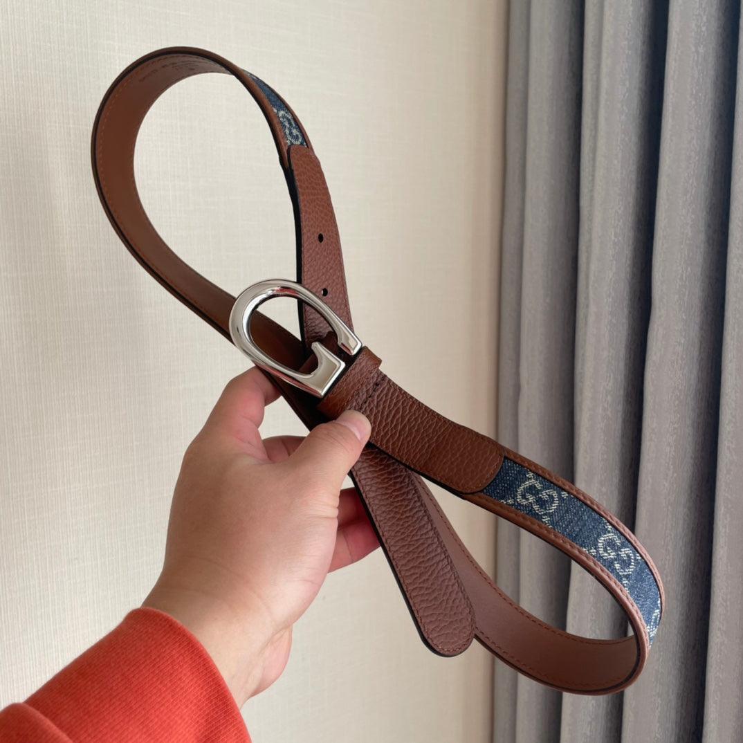 GUCCI Embellished coated-canvas and leather belt 'Brown/Blue'