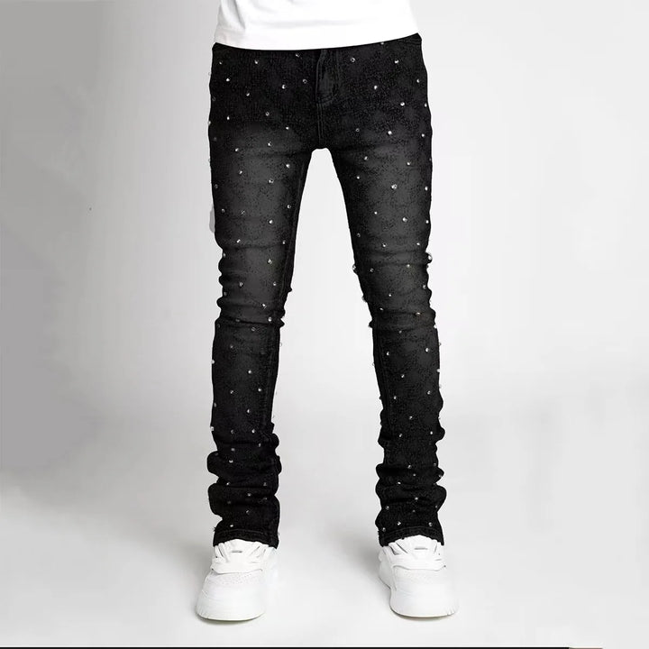 Hip Hop High Street Designer Stacked Jean For Men Slim Fit Stretchy Pearls Designer Jeans