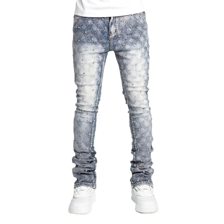 Hip Hop High Street Designer Stacked Jean For Men Slim Fit Stretchy Pearls Designer Jeans